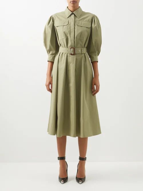Flap-pocket Belted Cotton-poplin Shirt Dress - Womens - Mid Green