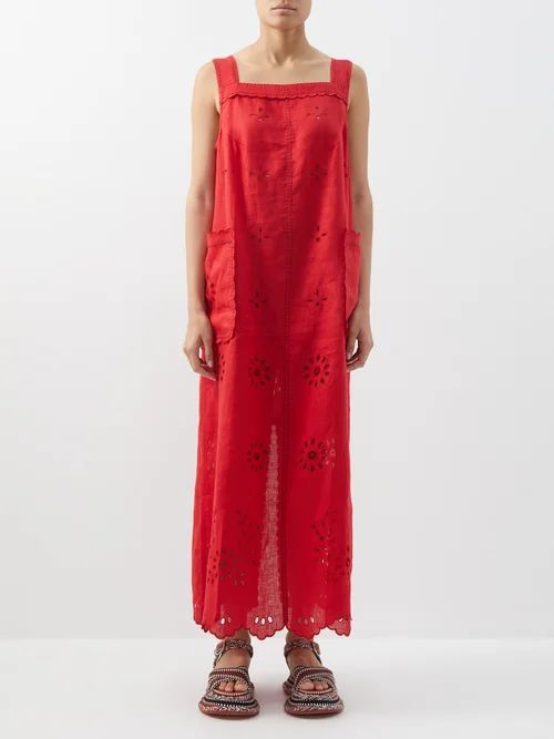 Dora Broderie-anglaise Linen Dress - Womens - Red