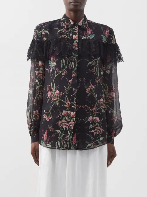 Lace-trim Floral-print Silk-georgette Blouse - Womens - Black Multi