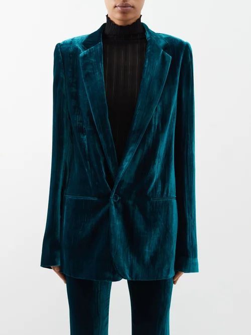 Ioan Crushed-velvet Jacket - Womens - Green Blue
