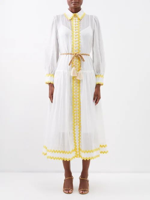 Cira Rickrack-trim Ramie Midi Dress - Womens - White Yellow