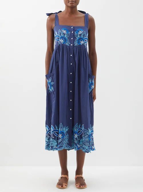 Embroidered Cotton Dress - Womens - Blue Multi