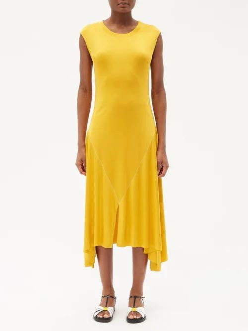 Dipped-hem Jersey Midi Dress - Womens - Yellow