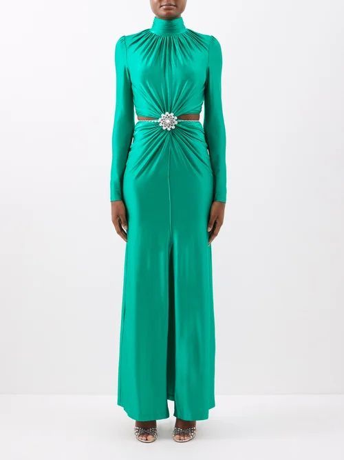 High-neck Cutout Jersey Gown - Womens - Emerald