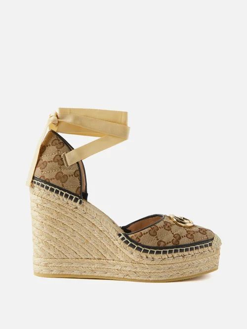 GG-canvas And Raffia Wedge Sandals - Womens - Brown Multi