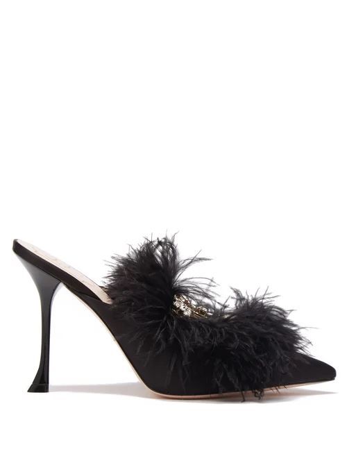 Feather-trim Crystal-embellished Satin Mules - Womens - Black