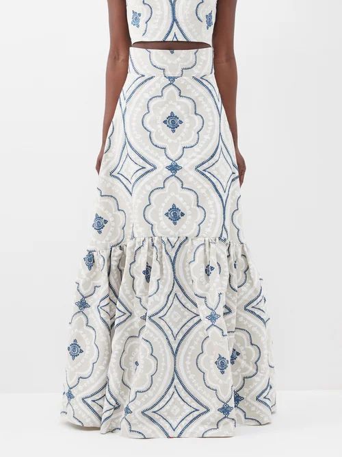 Esmeralda Printed-linen Blend Maxi Skirt - Womens - Blue White
