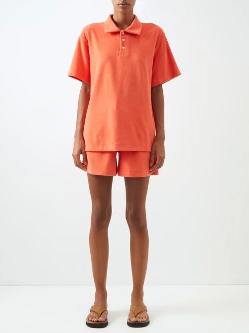 Cairo Cotton-blend Terry Polo Shirt And Shorts Set - Womens - Neon Orange