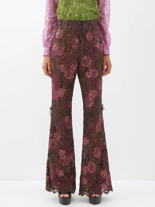 Floral-lace And Leather Flared Trousers - Womens - Brown Multi