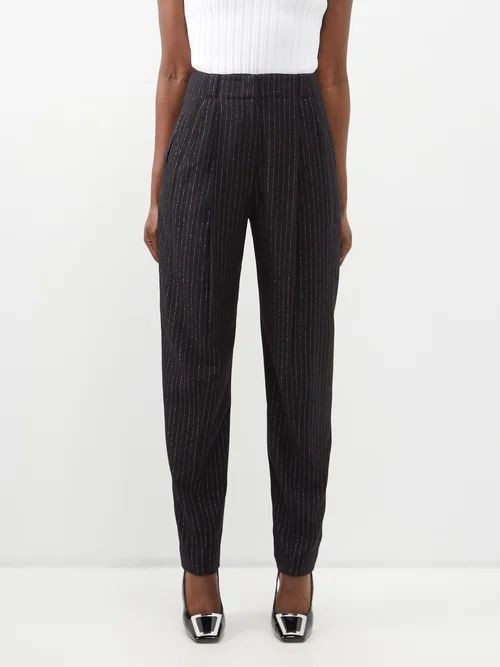 Pleated Pinstripe Wool-blend Cropped Trousers - Womens - Black Silver