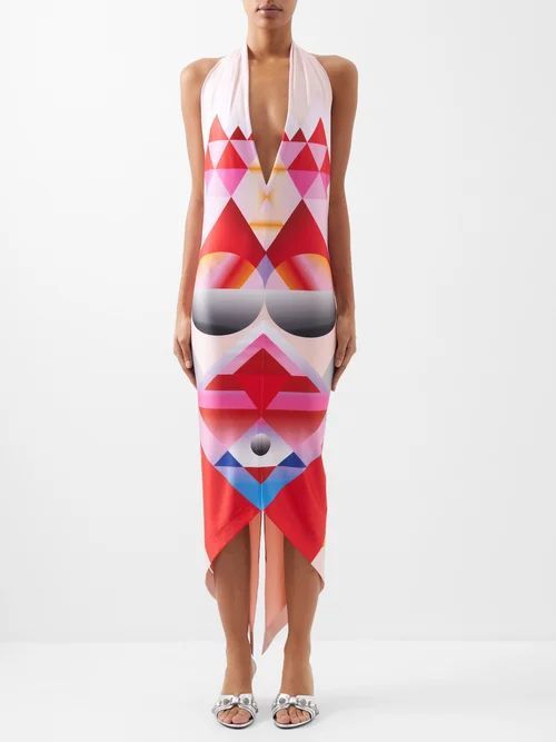 Dalida Halterneck Geometric-print Satin Dress - Womens - Pink Multi