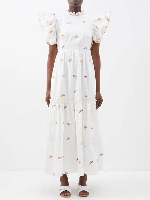 Phoebe Flower-embroidered Cotton Maxi Dress - Womens - White Multi