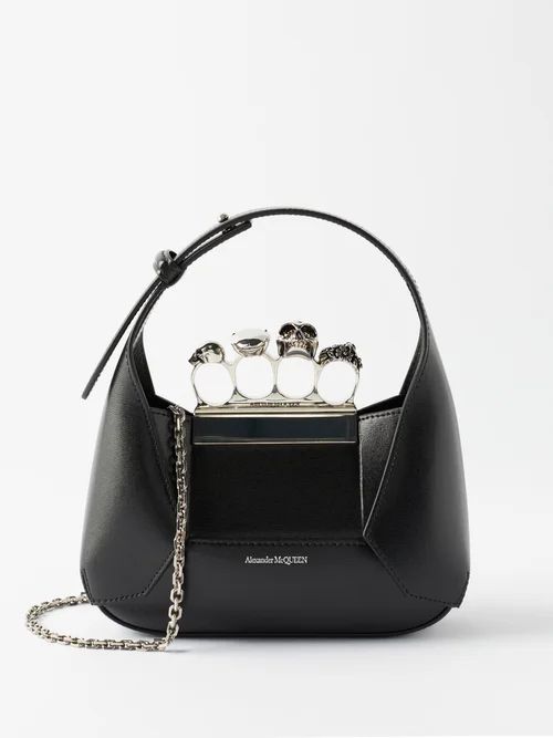 Four Ring Small Crystal And Leather Shoulder Bag - Womens - Black