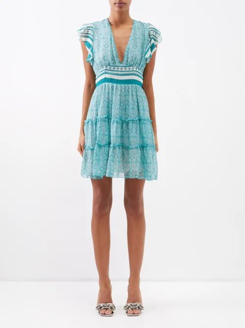 Juliette V-neck Printed Silk Mini Dress - Womens - Turquoise