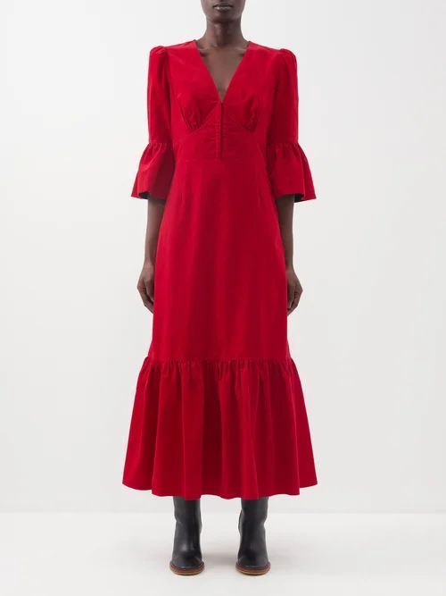 Daphne V-neck Corduroy Maxi Dress - Womens - Red