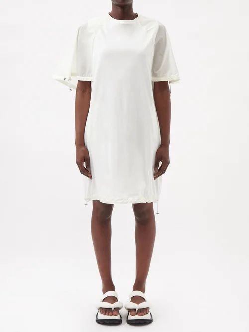 Drawstring-toggle Shell-sleeved Cotton Dress - Womens - White