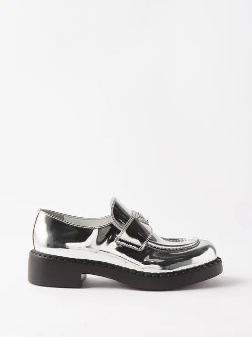 Logo-plaque Metallic-leather Loafers - Womens - Silver