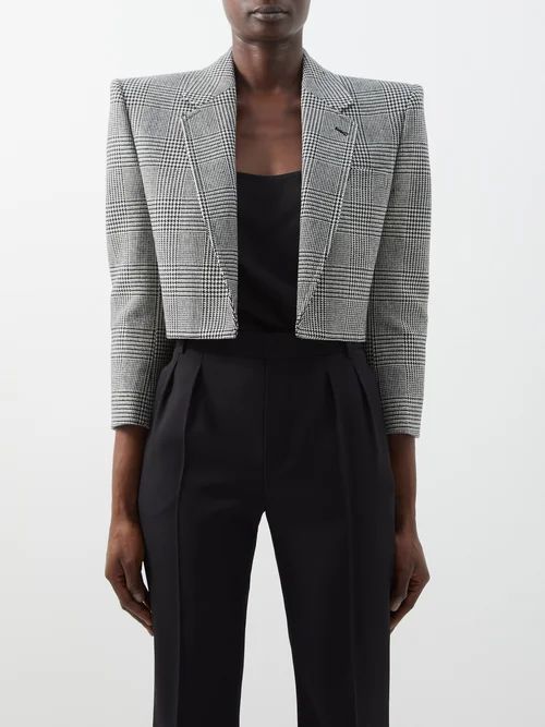 Cropped Check Wool-blend Blazer - Womens - Black White