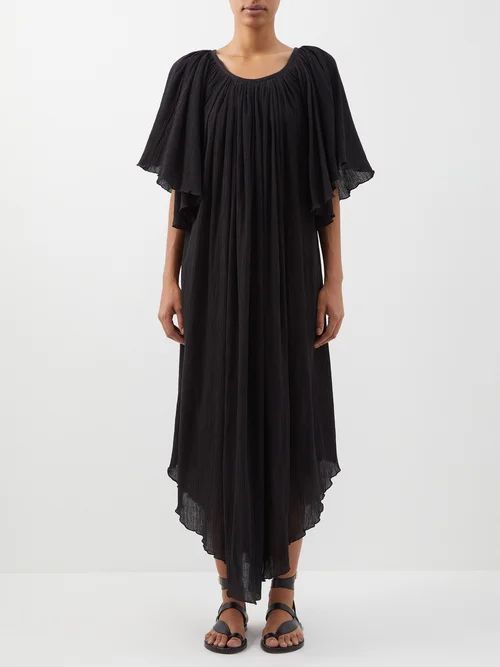 Angel-sleeve Cotton Cheesecloth Dress - Womens - Black