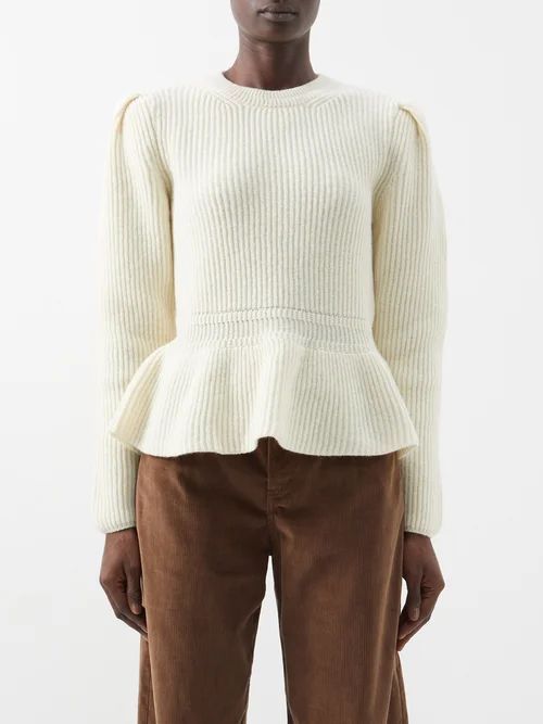 Peplum-hem Ribbed-knit Wool Sweater - Womens - Light Cream