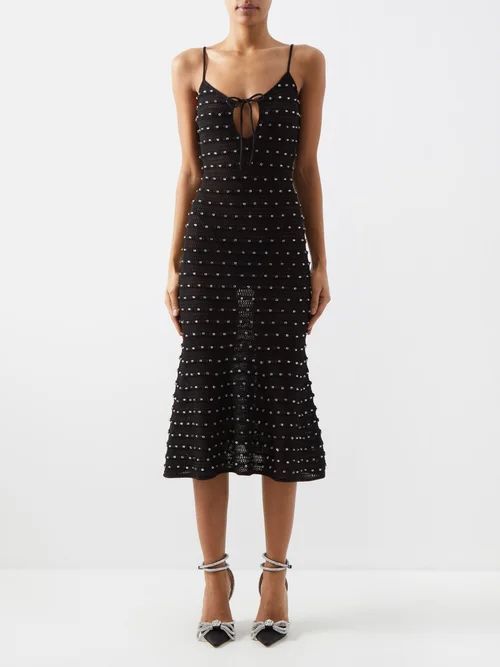 Beaded Cotton-blend Crochet Midi Dress - Womens - Black