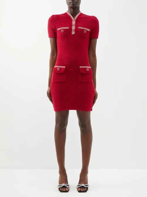 Crystal-button Mélange Wool-blend Mini Dress - Womens - Red