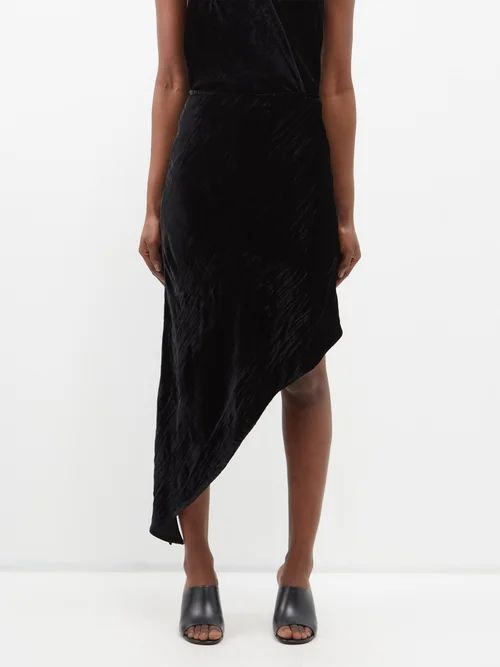 Reno Asymmetric Velvet Midi Skirt - Womens - Black