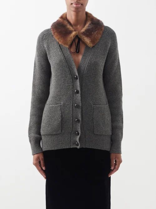 Detachable Faux Fur-collared Wool Cardigan - Womens - Grey Multi