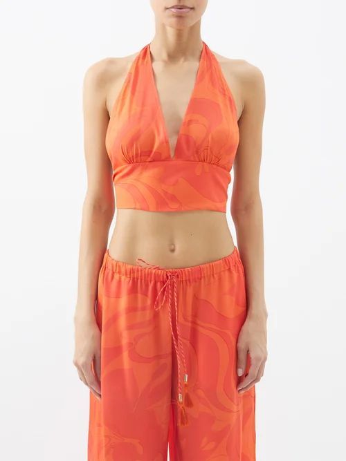 Swirl-print Crepe Halterneck Cropped Top - Womens - Orange Print