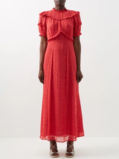 Violetta Ruffled Moiré-jacquard Georgette Dress - Womens - Red