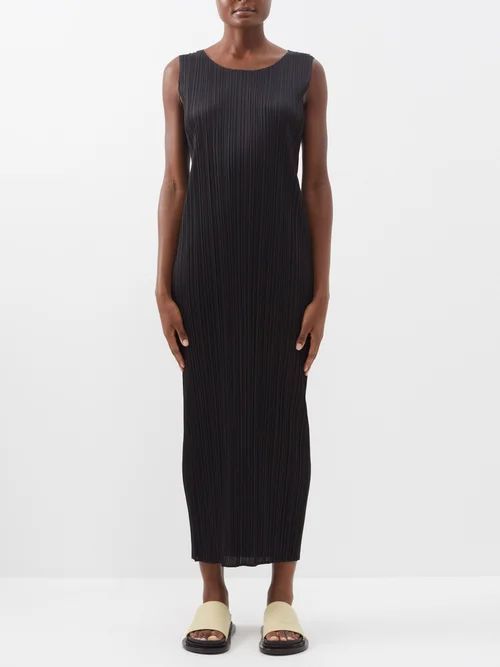 Sleeveless Technical-pleated Midi Dress - Womens - Black