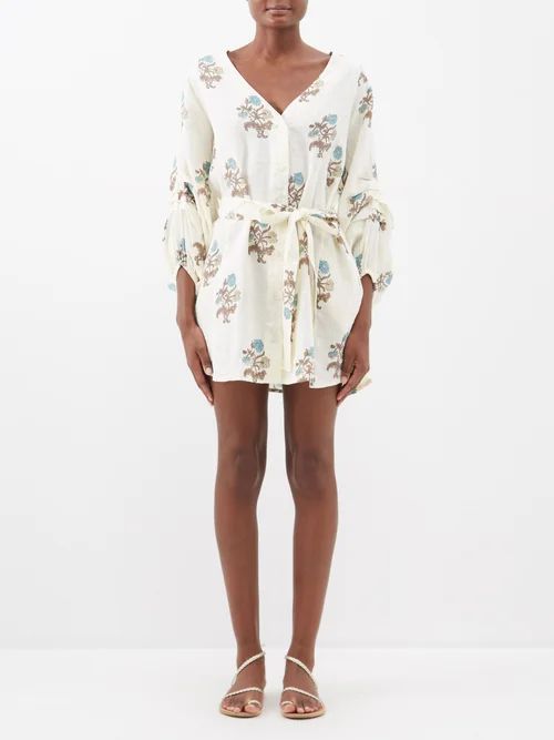 Rhea Floral-print Linen Mini Dress - Womens - Ivory Multi