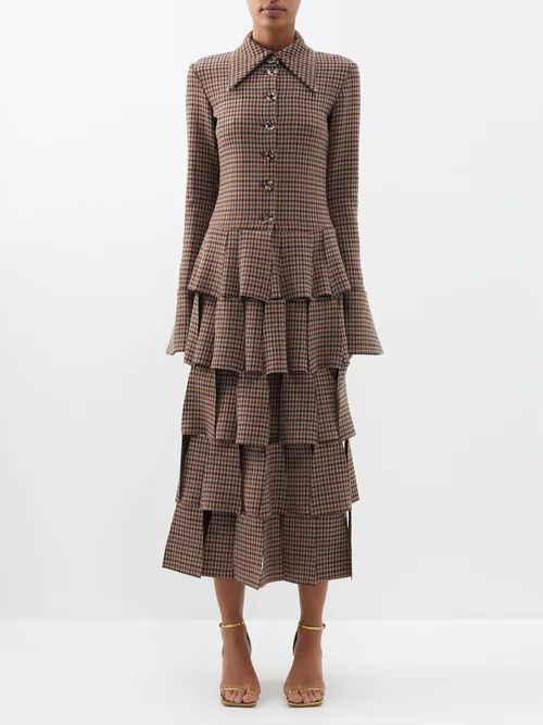 Cutout Panelled Checked-twill Midi Dress - Womens - Brown Print