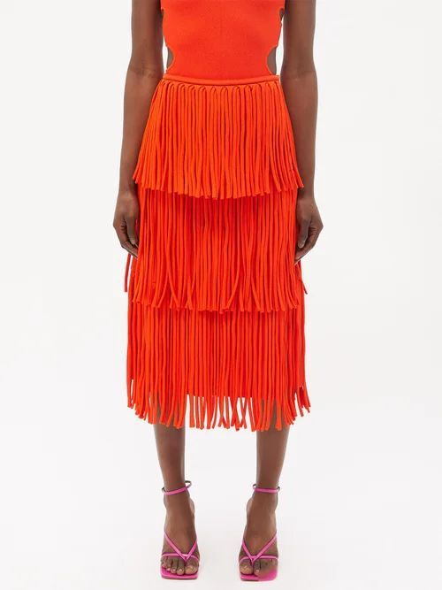 Tiered Fringed Jersey Midi Skirt - Womens - Red