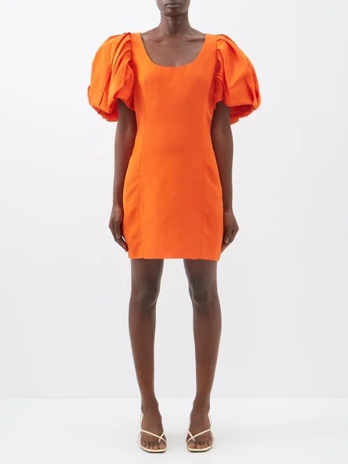 Puff-sleeve Scoop-neck Slubbed-poplin Mini Dress - Womens - Orange