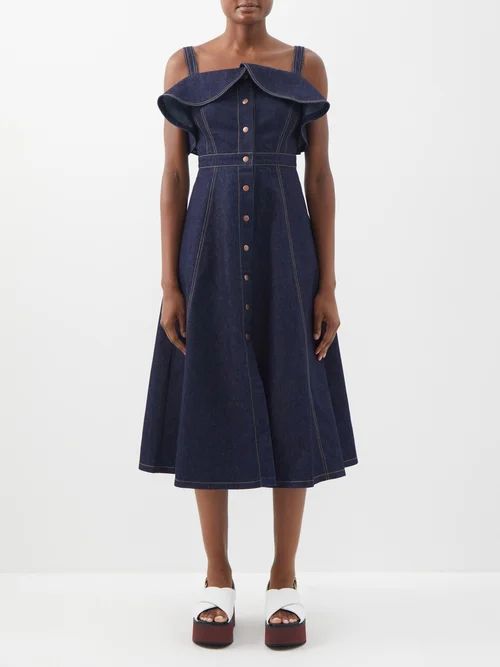 Ruffled Organic Cotton-blend Denim Midi Dress - Womens - Dark Denim