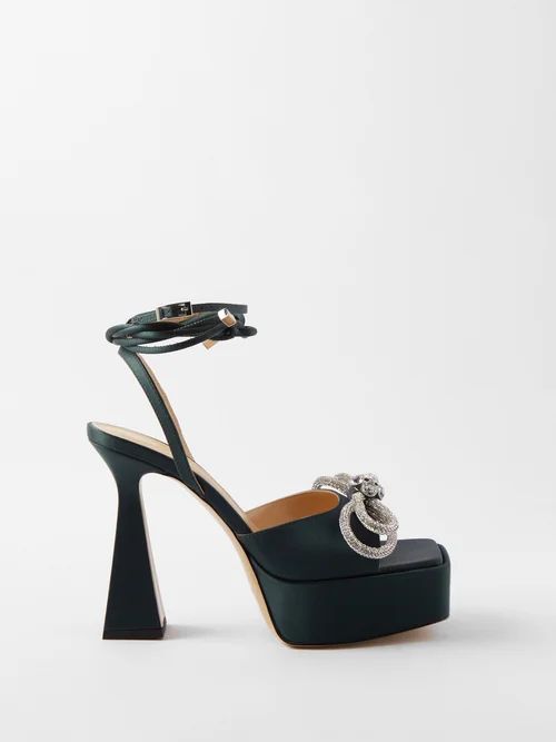 Double Bow Crystal And Silk-satin Platform Sandals - Womens - Dark Green