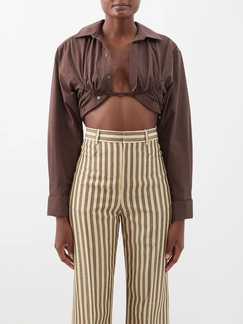 Machou Open-front Cotton Cropped Shirt - Womens - Brown