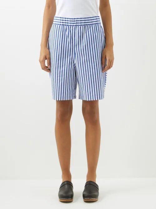 Striped Cotton-poplin Shorts - Womens - Blue White
