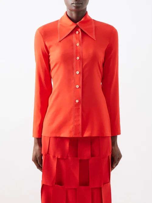 Tie-back Point-collar Crepe Shirt - Womens - Red