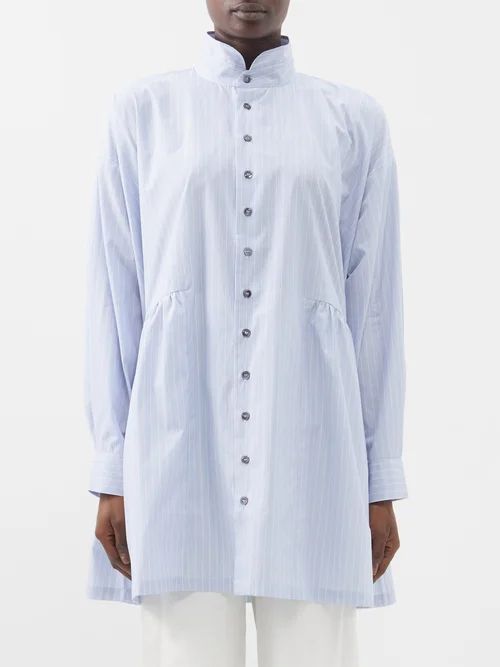 Stand-collar Pinstriped Organic-cotton Shirt - Womens - Blue
