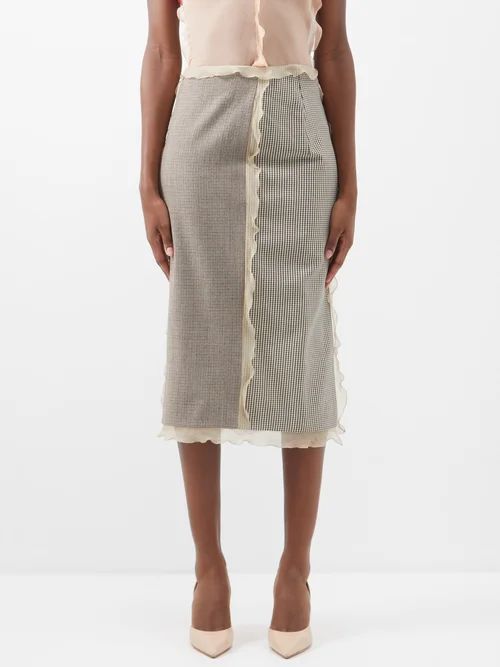 Chiffon-trimmed Houndstooth Wool-blend Skirt - Womens - Grey Multi