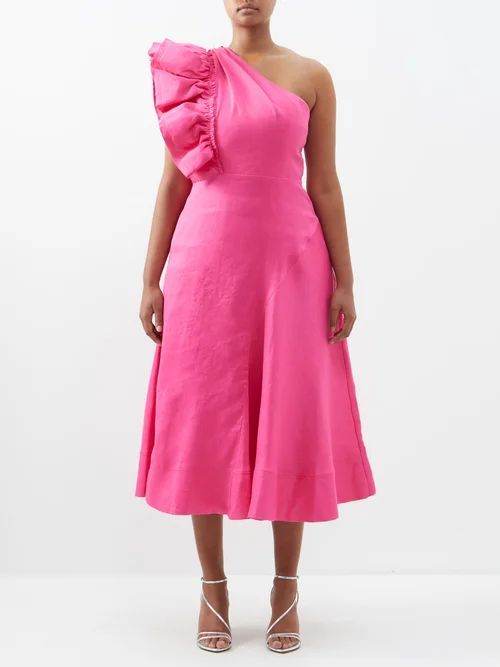 Bonjour Asymmetric Ruffled Linen-blend Dress - Womens - Pink