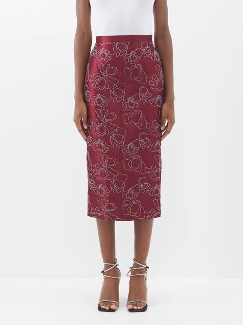 Amelia Floral-embroidered Silk-blend Taffeta Skirt - Womens - Dark Red