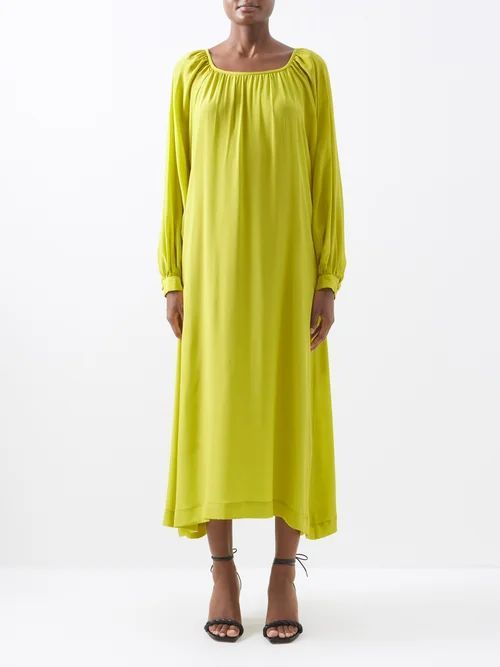 Ella Square-neck Silk-crepe De Chine Dress - Womens - Yellow