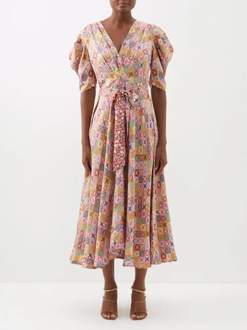 Dawn Patchwork-print Silk-twill Midi Dress - Womens - Pink Multi