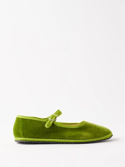 Whipstitched Velvet Mary Jane Flats - Womens - Green