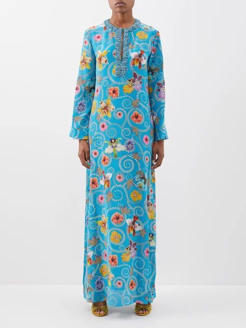 Collins Crystal-embellished Printed Silk Gown - Womens - Turquoise