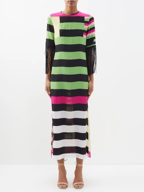 The Fringe Colour-blocked Silk Maxi Dress - Womens - Pink Multi
