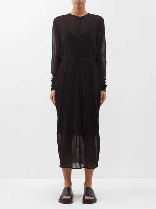 Crinkled Wool Batwing Sheer Dress - Womens - Black